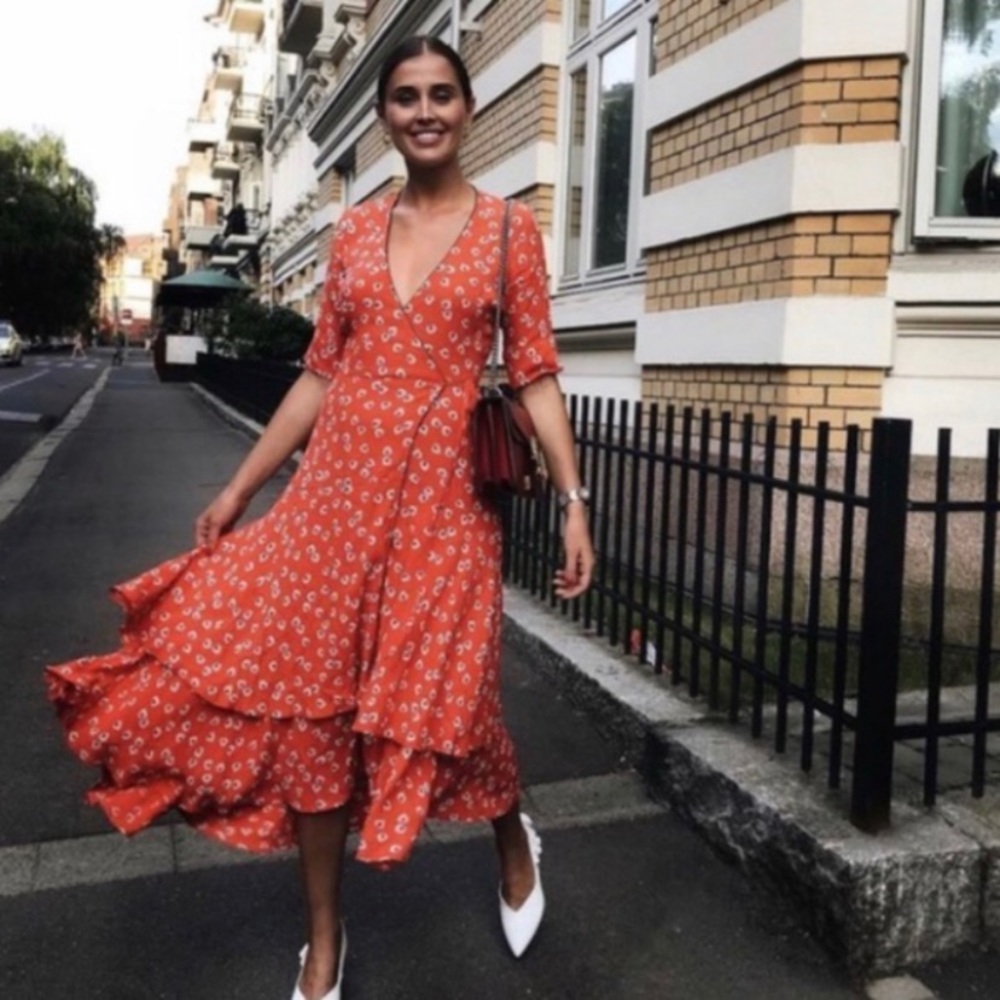 Ganni Dress Silvery Crepe Wrap Maxi in Red Floral